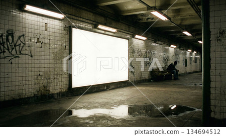 A blank backlit advertising panel in a tiled subway station A blank backlit advertising panel in a tiled subway station 134694512