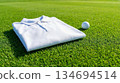 A crisp white polo shirt folded neatly on green manicured grass 134694514