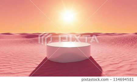 A cylindrical white podium in a pink sand desert 134694581