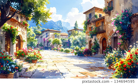 A small square surrounded by flowers and greenery 134694595