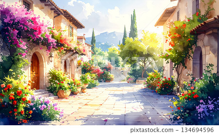 一個被鮮花和綠植環繞的小廣場 134694596