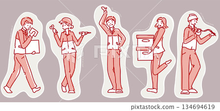 Full-body illustration of five workers with red text 134694619