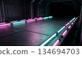 A sleek metal stage pathwy platform lit by pink and teal neon tube lights 134694703