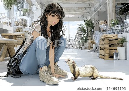 Illustration of a young woman relaxing in a cafe interacting with ferrets 134695193