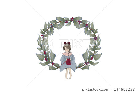 女孩坐在花圈上織毛衣 134695258
