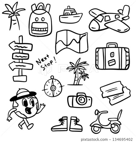 Set of travel outline doodle signs. Tourism and summer adventure icons in retro cartoon style. Clip art travelling elements. Set of travel outline doodle signs. Tourism and summer adventure icons in retro cartoon style. Clip art travelling elements. 134695402