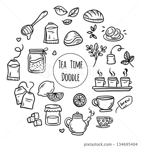 Herbal Tea Time Doodles. Minimalist Line Icons of Tea Rituals and Ingredients Herbal Tea Time Doodles. Minimalist Line Icons of Tea Rituals and Ingredients 134695404