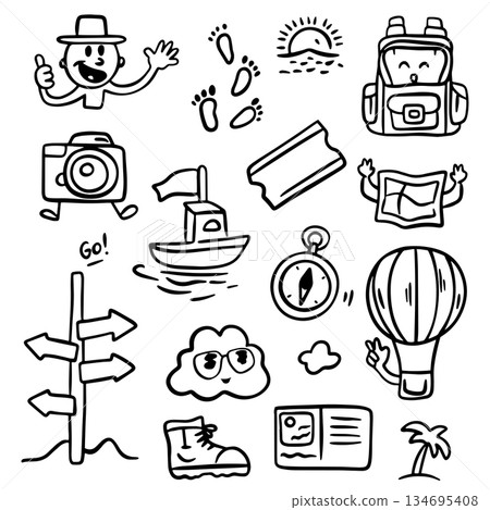 Set of travel outline doodle signs. Tourism and summer adventure icons in retro cartoon style. Clip art travelling elements. 134695408