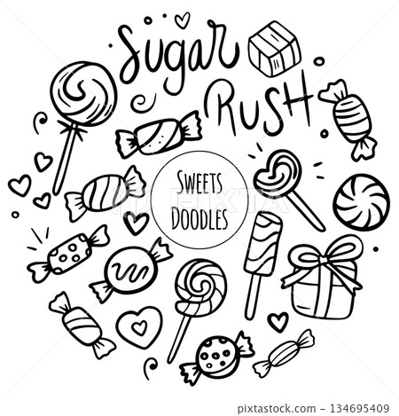 Hand drawn candy collection. Doodle sketch style. Set of various sweets doodles. Illustration isolated on white background. Hand drawn candy collection. Doodle sketch style. Set of various sweets doodles. Illustration isolated on white background. 134695409