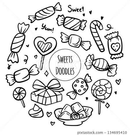 Hand drawn candy collection. Doodle sketch style. Set of various sweets doodles. Illustration isolated on white background. 134695410
