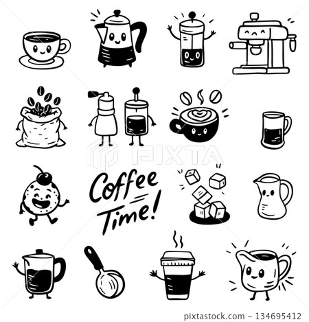 Funny cartoon characters. Coffee time illustration of cup of tea, coffee. Comic element in trendy retro cartoon style. 134695412