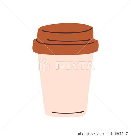 Flat cartoon vector illustration of disposable coffee cup with lid for hot drinks, simple minimal style, everyday cafe object, modern takeaway coffee, branding, packaging and food service projects 134695547