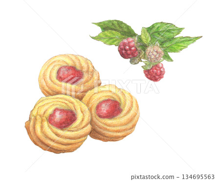 覆盆子果醬餅乾和覆盆子葉水彩鉛筆插圖 134695563