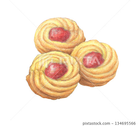 Raspberry jam cookies watercolor pencil illustration 134695566