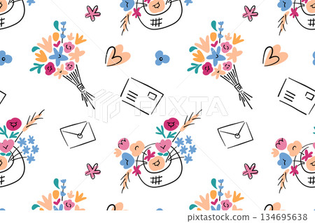 Flat cartoon vector illustration of floral pattern with bouquets and basket flowers, postcards, envelopes and hearts, romantic gift theme, seamless design for stationery, greetings and decor projects 134695638