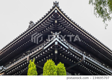 Beautiful spring greenery on the roof of a temple 134695707