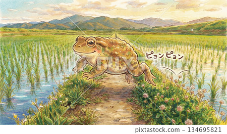 A frog jumping in a rice field. 134695821