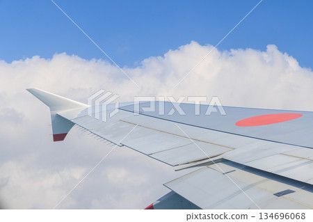 噴射客機的機翼、藍天和雲朵 噴射客機的機翼、藍天和雲朵 134696068