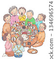 A hand-drawn illustration of a family making sushi rolls 134696574