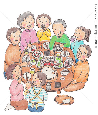 一幅手繪插圖，描繪了一個家庭製作壽司捲的場景。 134696574