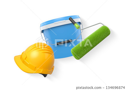Construction helmet, paint roller, brush and paint bucket isolated on white background, representing painting and renovation tools Construction helmet, paint roller, brush and paint bucket isolated on white background, representing painting and renovation tools 134696874