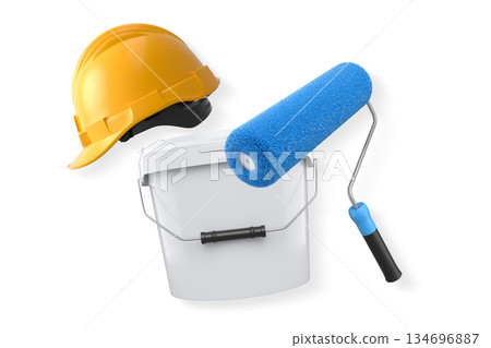 Construction helmet, paint roller, brush and paint bucket isolated on white background, representing painting and renovation tools Construction helmet, paint roller, brush and paint bucket isolated on white background, representing painting and renovation tools 134696887