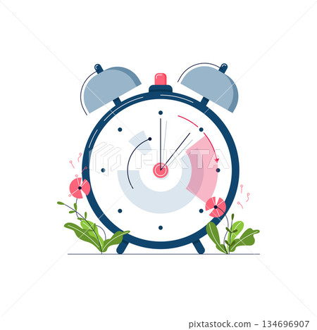 Daylight Saving Time banner. The clocks moves forward one hour. Floral decoration with pink flowers 134696907