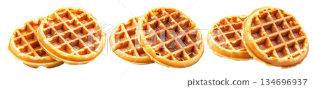 Close-up of two crispy golden waffles stacked together isolated on white background, concept of breakfast and sweet food Close-up of two crispy golden waffles stacked together isolated on white background, concept of breakfast and sweet food 134696937