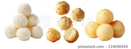 Set of sweet  coconut Cassava dessert balls covered in shredded coconut, isolated on white transparent background 134696940