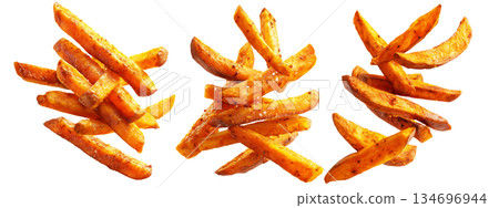 Set of Kumara sweet potato fries with black pepper and herbs, isolated on white background, concept of New Zealand fast food snack Set of Kumara sweet potato fries with black pepper and herbs, isolated on white background, concept of New Zealand fast food snack 134696944