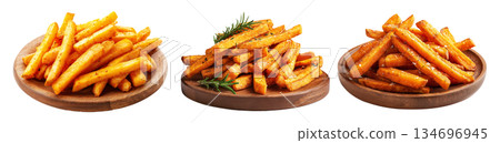 Set of Kumara sweet potato fries with black pepper and herbs on wooden plate, on white, concept of New Zealand fast food snack 134696945