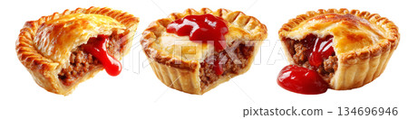 Set of Australia meat pie filled with minced meat  and topped with ketchup, isolated on white transparent background 134696946