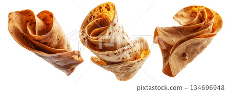 Set of tortillas or roti wraps, isolated on white background, concept of traditional food Set of tortillas or roti wraps, isolated on white background, concept of traditional food 134696948