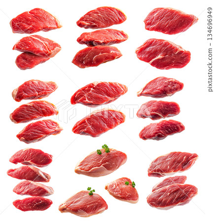 Set of pieces of fresh Chicken breast cut, isolated on white background, showcasing culinary concept 134696949