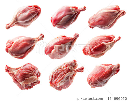 Set of fresh Duck thigh cut, isolated on white background, showcasing culinary concept Set of fresh Duck thigh cut, isolated on white background, showcasing culinary concept 134696950