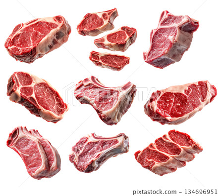 Set of fresh Lamb chop cut, isolated on white background, showcasing culinary concept 134696951