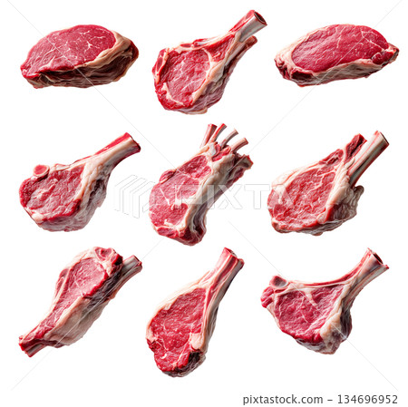 Set of fresh Lamb chop cut, isolated on white background, showcasing culinary concept Set of fresh Lamb chop cut, isolated on white background, showcasing culinary concept 134696952