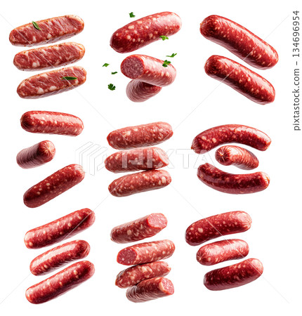 Set of raw pork sausages isolated on white background, concept of culinary ingredients Set of raw pork sausages isolated on white background, concept of culinary ingredients 134696954