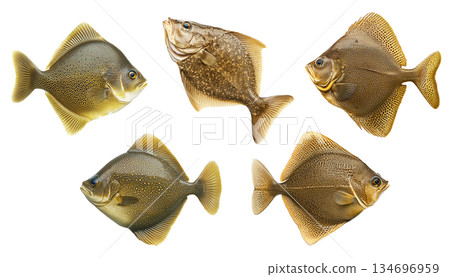 Set of fish Flatfish featuring intricate spotted gold scales detailed texture isolated on white transparent background 134696959