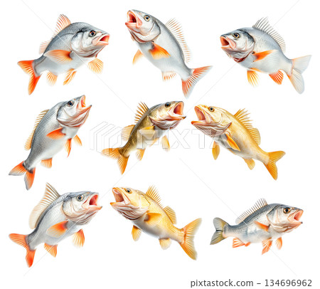 Set of Golden Perch fish with open mouth, detailed fins and scales isolated on white transparent background. 134696962
