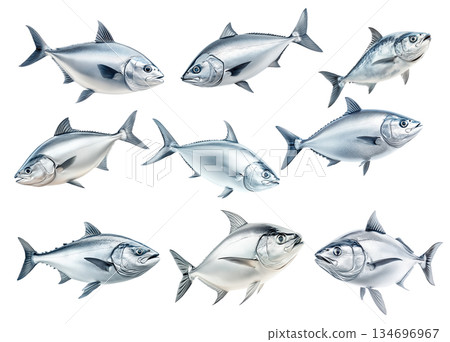Set of silver tuna fish with smooth scales, sharp fins and a sleek body isolated on white transparent background 134696967