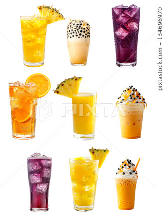 Pineapple juice and ice cubes, Bubble tea drink with tapioca pearls and Grape soda cocktail isolated on white background 134696970