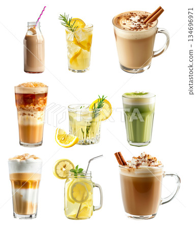 Cocktail or lemonade with lemon and lime, creamy matcha chai latte, milk tea isolated on white transparent background Cocktail or lemonade with lemon and lime, creamy matcha chai latte, milk tea isolated on white transparent background 134696971