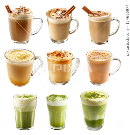 Cup of rich creamy matcha or chai latte with fluffy whipped cream and a sprinkle of cinnamon Cup of rich creamy matcha or chai latte with fluffy whipped cream and a sprinkle of cinnamon 134696974
