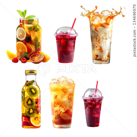Hibiscus ice tea, Thai iced tea and fruit tea blend of berries, citrus slices and mint leaves isolated on white 134696979