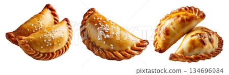 Fried baked pastry empanadas filled with ground beef cheese ham and crimped edges, isolated on white background 134696984