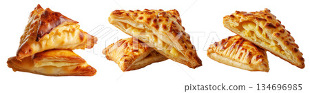 Flaky filled puff pastries pocket with melted cheese oozing out, isolated on white background, concept of Brazil snack 134696985