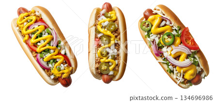 Colombia Perro Caliente Hot Dog Colombiano topped with mustard, red onions, pickles, tomatoes, isolated on white background Colombia Perro Caliente Hot Dog Colombiano topped with mustard, red onions, pickles, tomatoes, isolated on white background 134696986