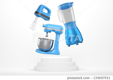 Set of kitchen appliances including blender, mixer, toaster, and hand mixer, floating over podium on abstract background 134697031