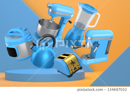 Set of kitchen appliances including mixer, toaster, blender, and coffee maker on white colorful podium and background 134697032